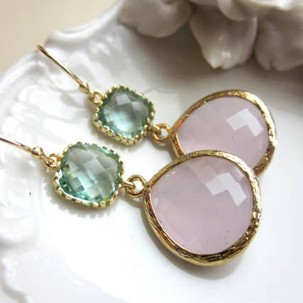 Pink opal glass drop earrings with green square accents and gold-plated settings