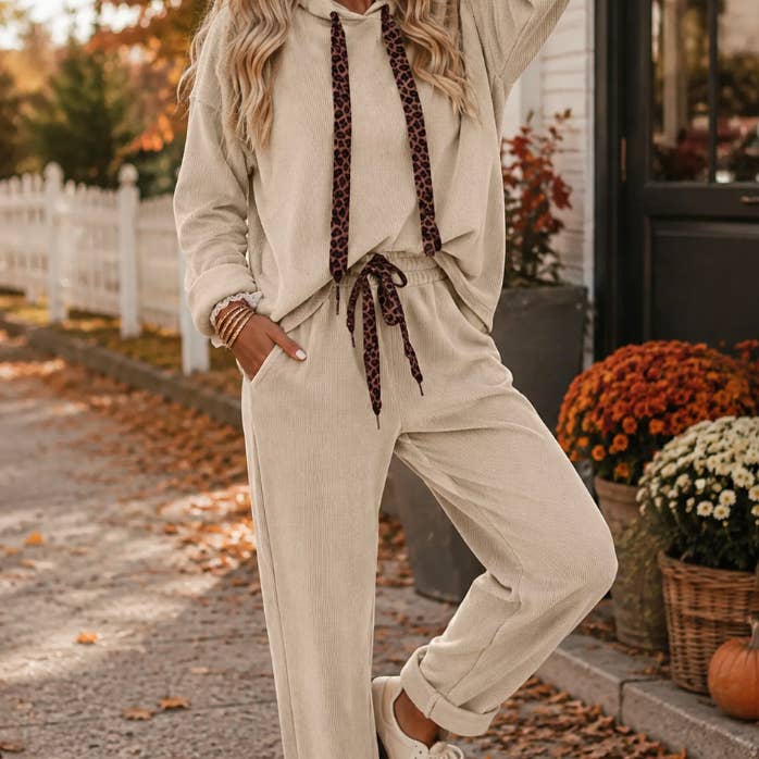 Leopard drawstring two-piece lounge set in dark khaki, front view