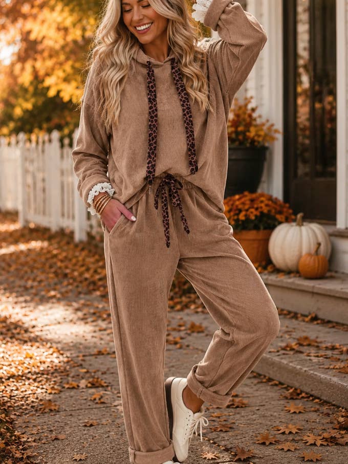 Leopard drawstring lounge set in beige and dark khaki