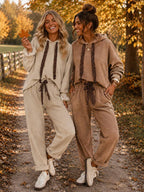 Leopard drawstring lounge set in beige, front view