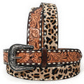 Leopard hair-on and tooled leather Western belt