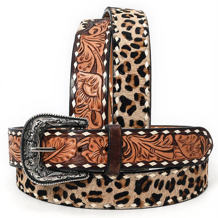 Leopard hair-on and tooled leather Western belt