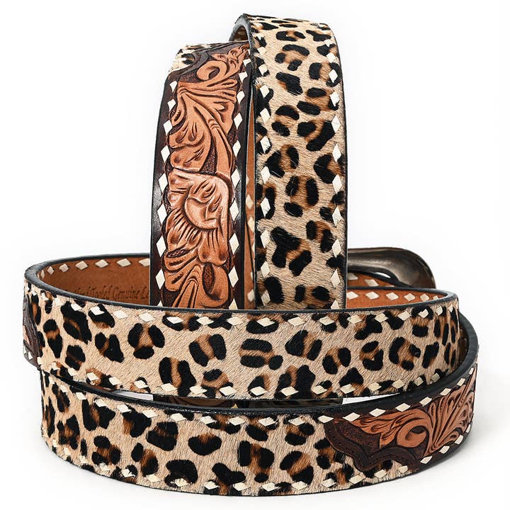 Leopard Western belt buckle and tooling detail