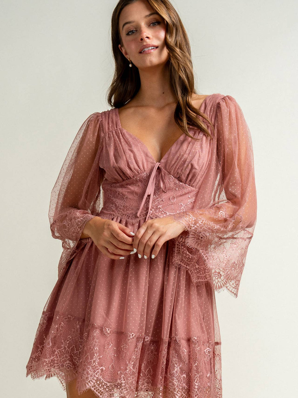 Mauve dotted mesh dress with eyelash lace trim