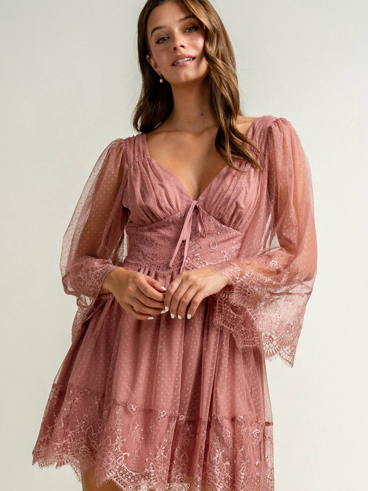 Mauve dotted mesh dress with eyelash lace trim