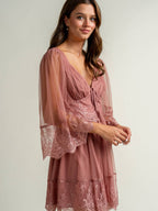 Mauve dotted mesh dress with eyelash lace trim