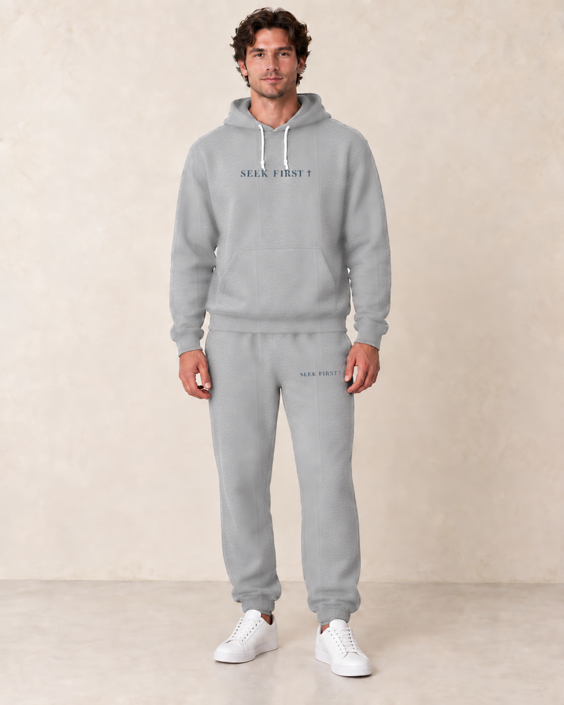 Men's Seek fleece joggers in Athletic Heather — retouched styled virtual mockup with the matching hoodie and white sneakers; joggers sold separately.