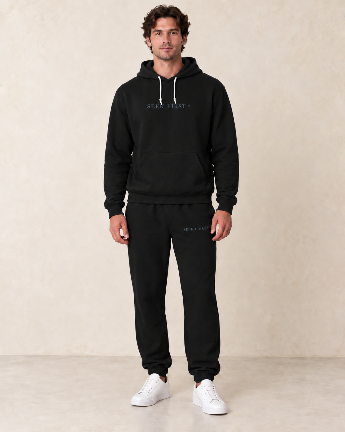 Men's Seek First Distressed Fleece Hoodie in Black — styled virtual mockup; hoodie sold separately.