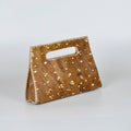 Mia clutch in brown spotted hair-on leather with cutout handle and whipstitch edge