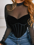 Black velvet long sleeve corset top with fur trim