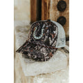 Mossy Oak camo cap with embroidered horseshoe and distressed bill