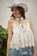 Off White sleeveless cotton lace top with adjustable straps, supplier front photo