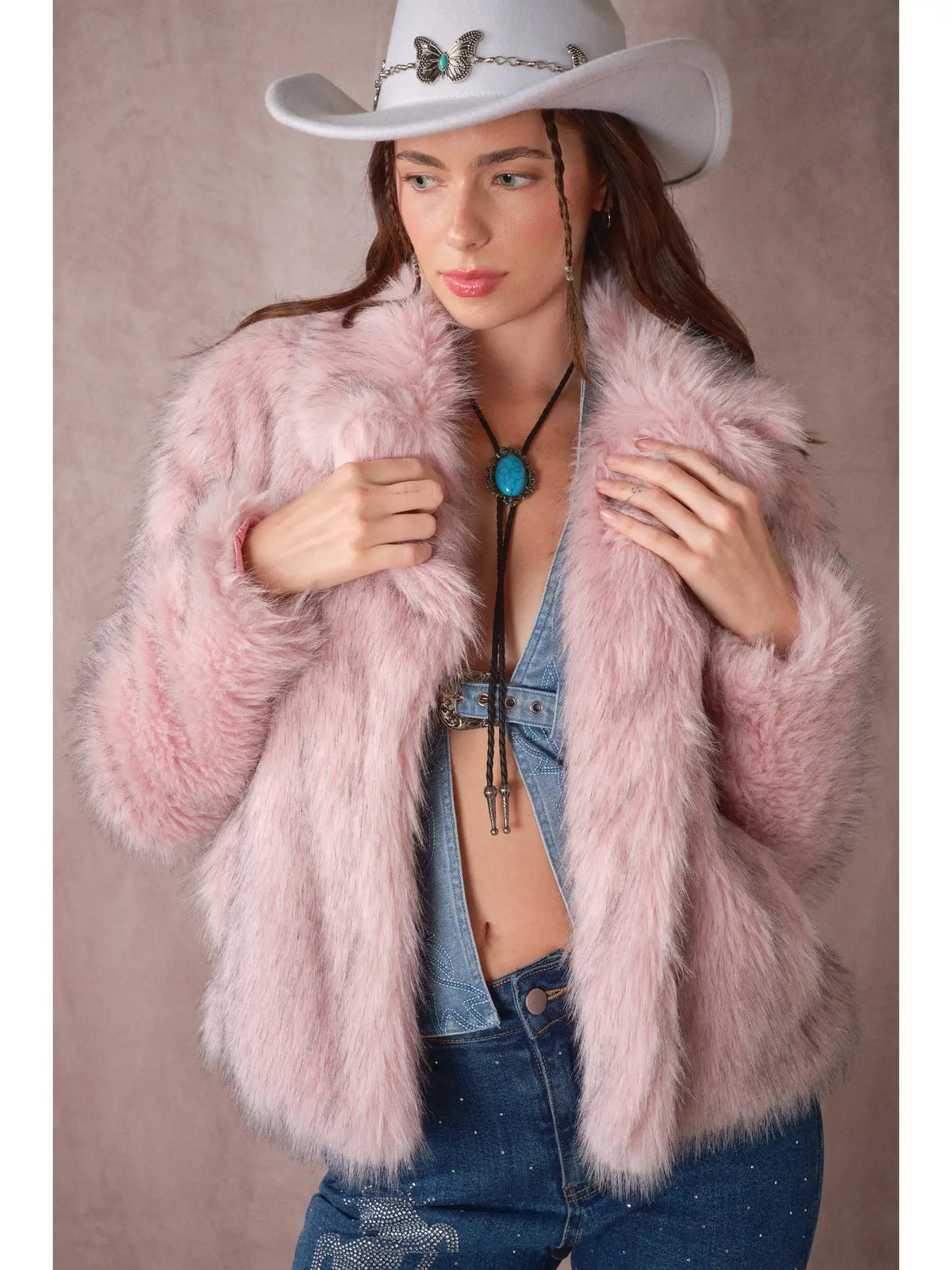 Pink two-tone faux fur coat