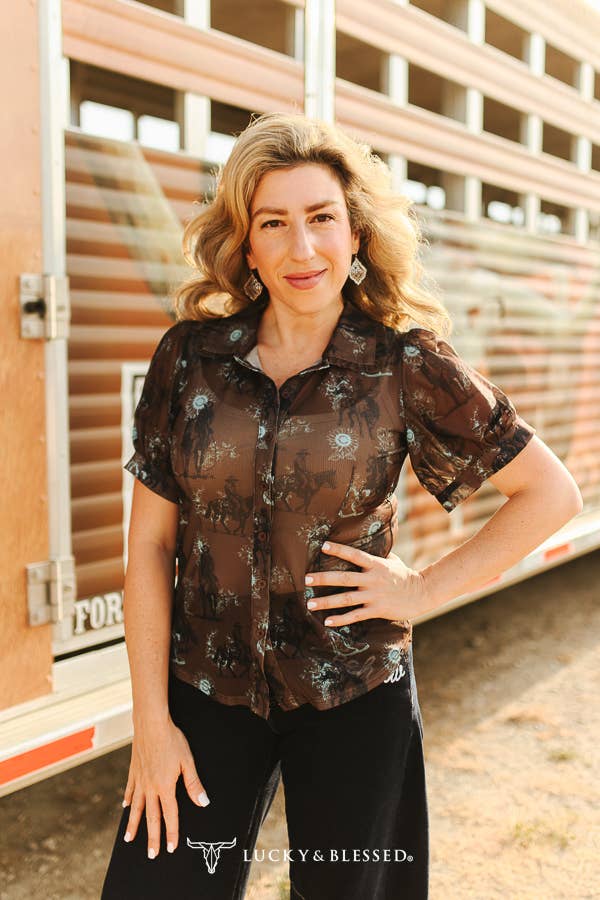 Front view of brown Western cowboy print mesh button-down shirt with short puff sleeves