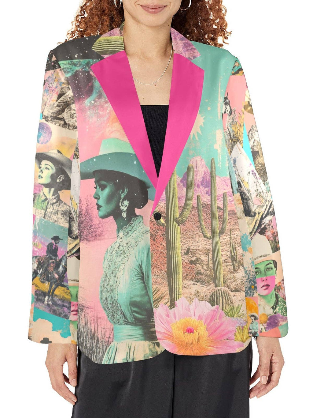 Front of colorful Retro Pop Cowgirl blazer with pink lapels
