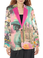Front of colorful Retro Pop Cowgirl blazer with pink lapels