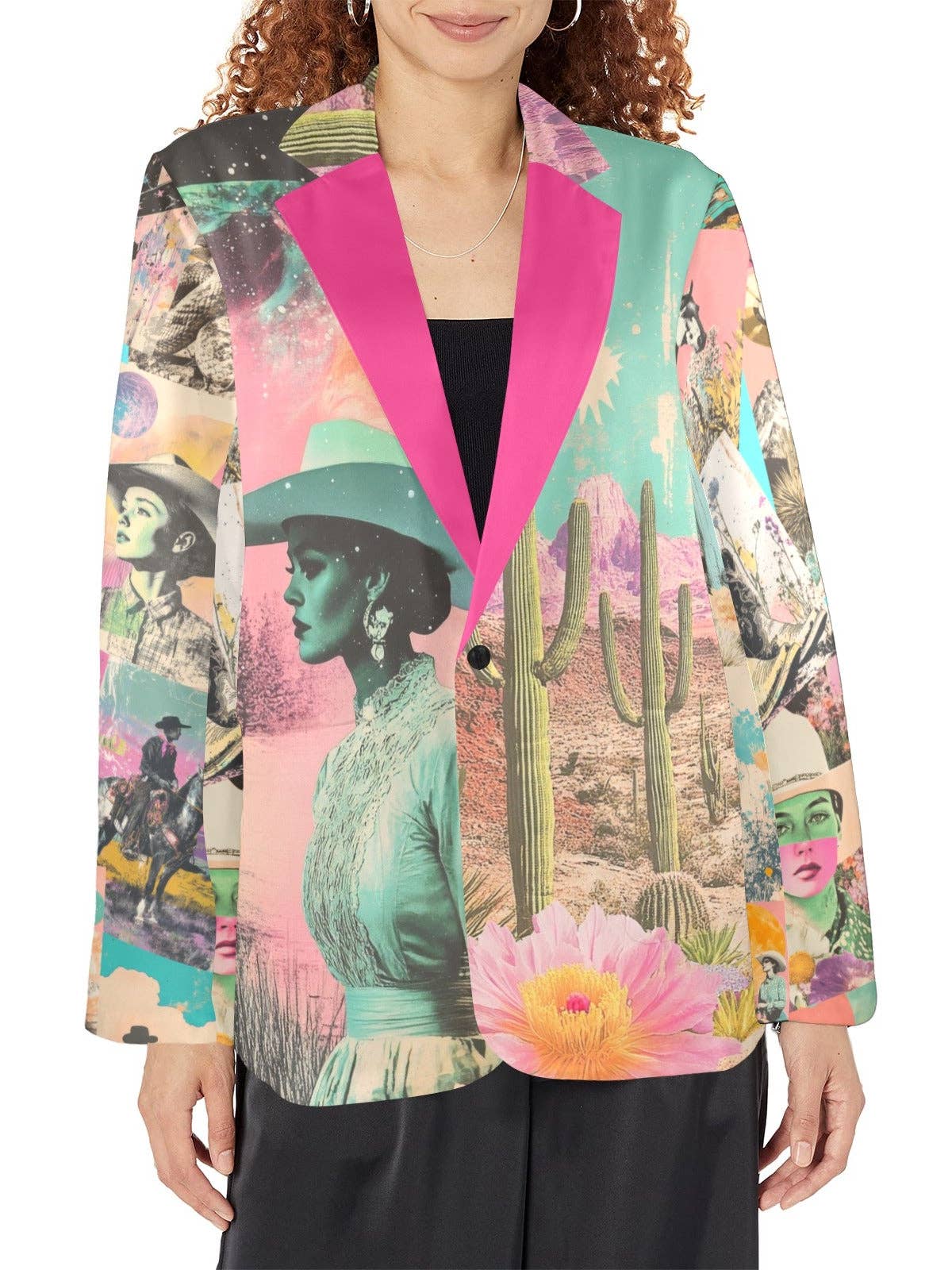 Front of colorful Retro Pop Cowgirl blazer with pink lapels