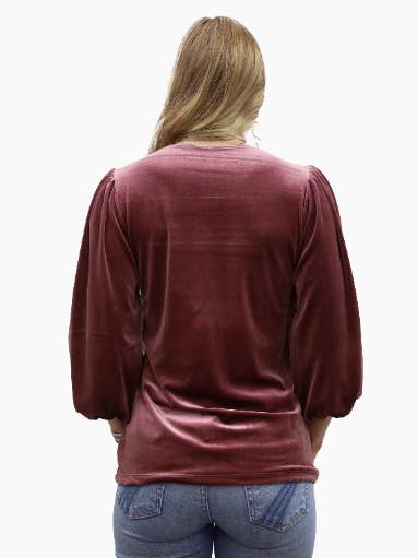 Rosalie crushed velvet blouse with three-quarter lantern sleeves