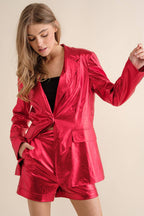 Scarlet Spotlight red metallic blazer and shorts set