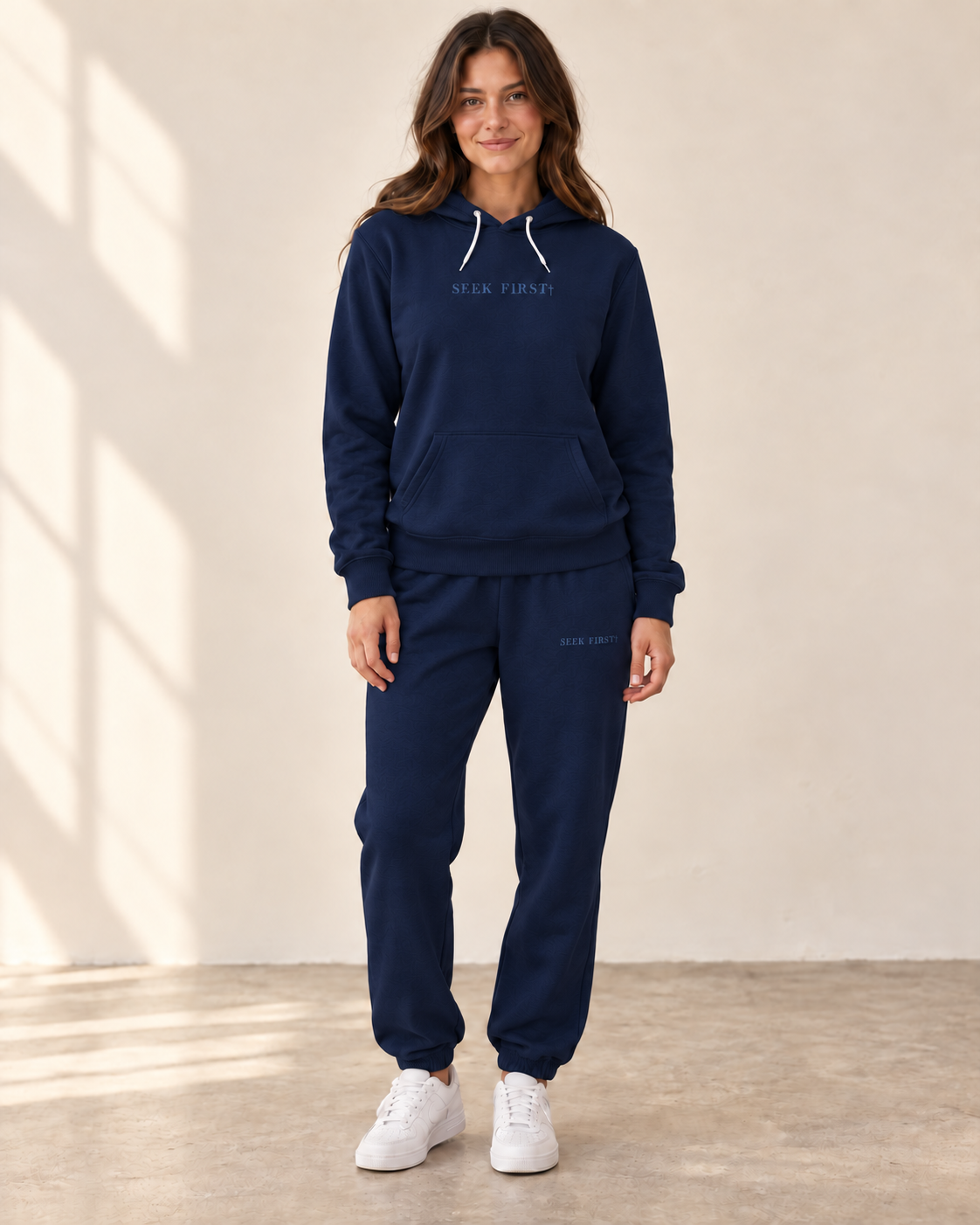 Navy — styled virtual mockup of the Seek fleece set. Joggers sold separately.
