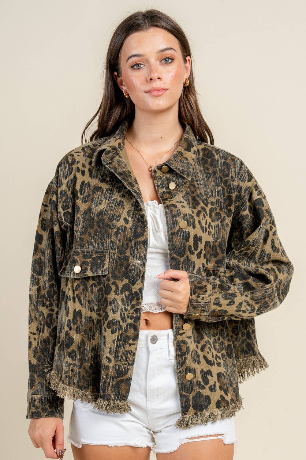 Camel leopard oversized button-front shacket with fringed hem