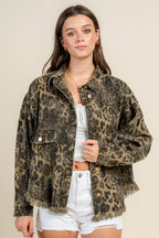 Camel leopard oversized button-front shacket with fringed hem