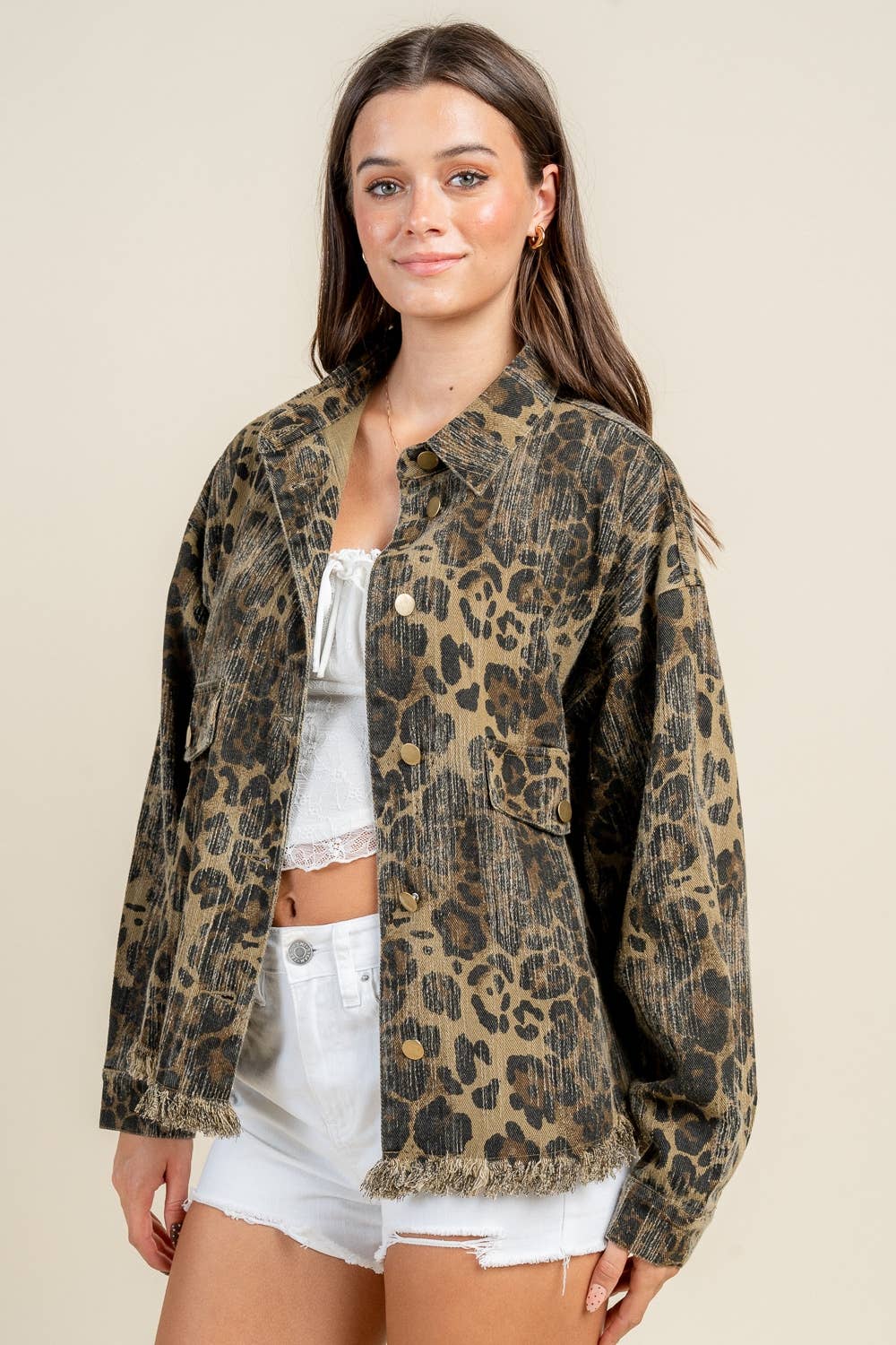 Camel leopard oversized button-front shacket with fringed hem