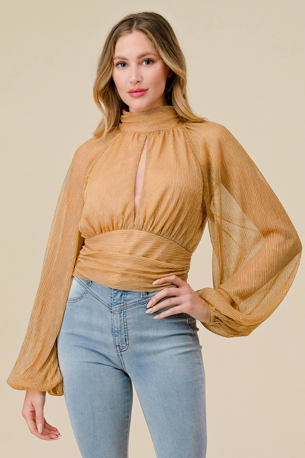 Lurex pleated cutout high-neck top in Gold
