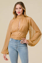 Lurex pleated cutout high-neck top in Gold