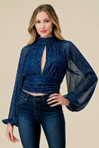 Lurex pleated cutout high-neck top in Royal