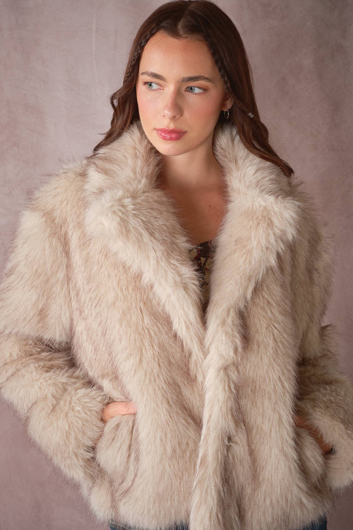 Taupe two-tone faux fur coat, supplier front photo