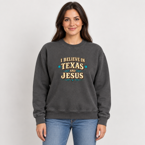 I Believe in Texas and Jesus sweatshirt in Pepper — brunette model mockup