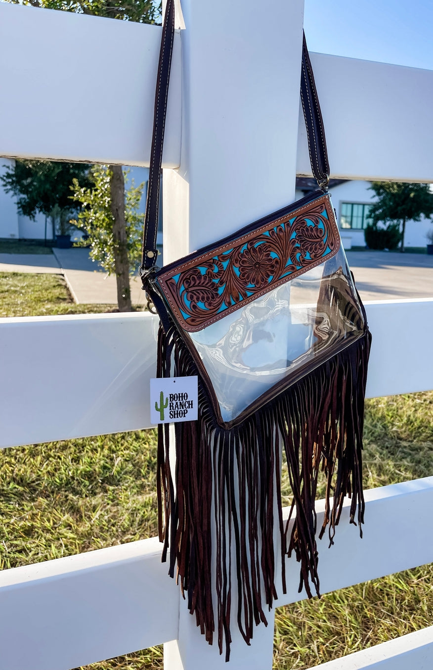 Turquoise and brown tooled clear crossbody with long fringe