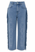 Front view of light wash wide leg jeans with floral embroidery and side fringe