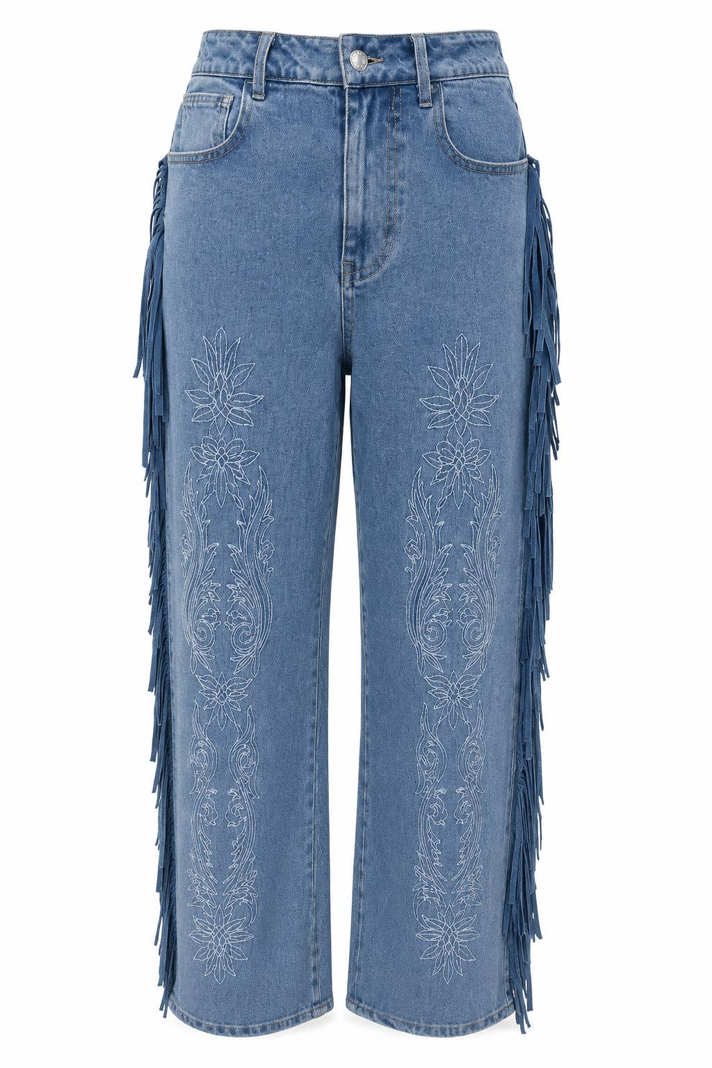 Front view of light wash wide leg jeans with floral embroidery and side fringe