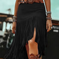Black faux suede fringe skirt styled with western accessories; belt not included