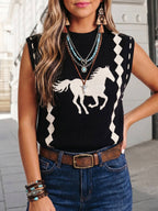 Black sweater vest with cream horse and geometric pattern, front view
