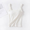 Front view of white square-neck ribbed tank top with built-in bra