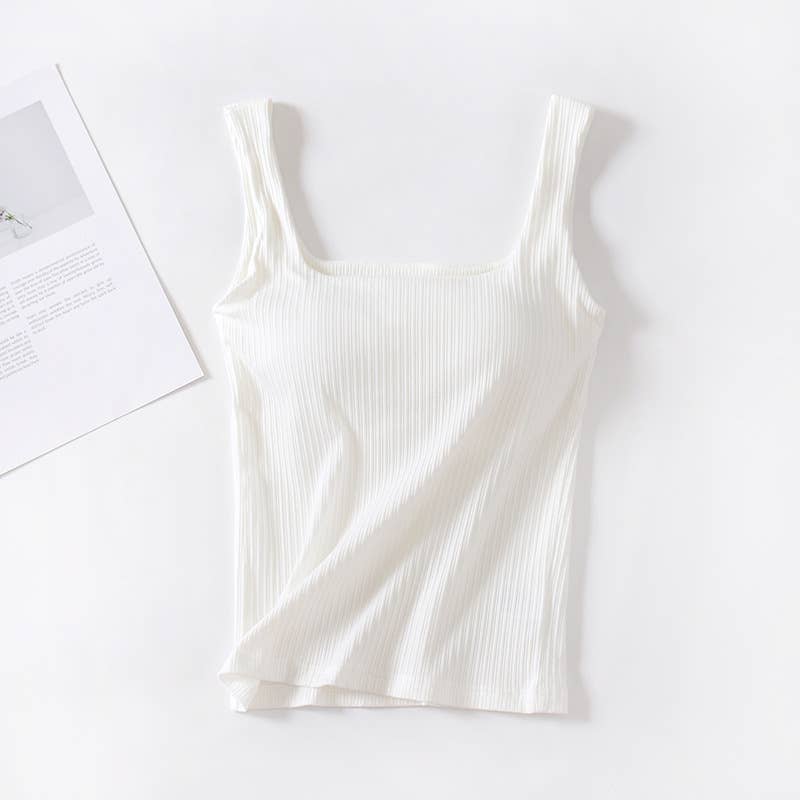 Front view of white square-neck ribbed tank top with built-in bra