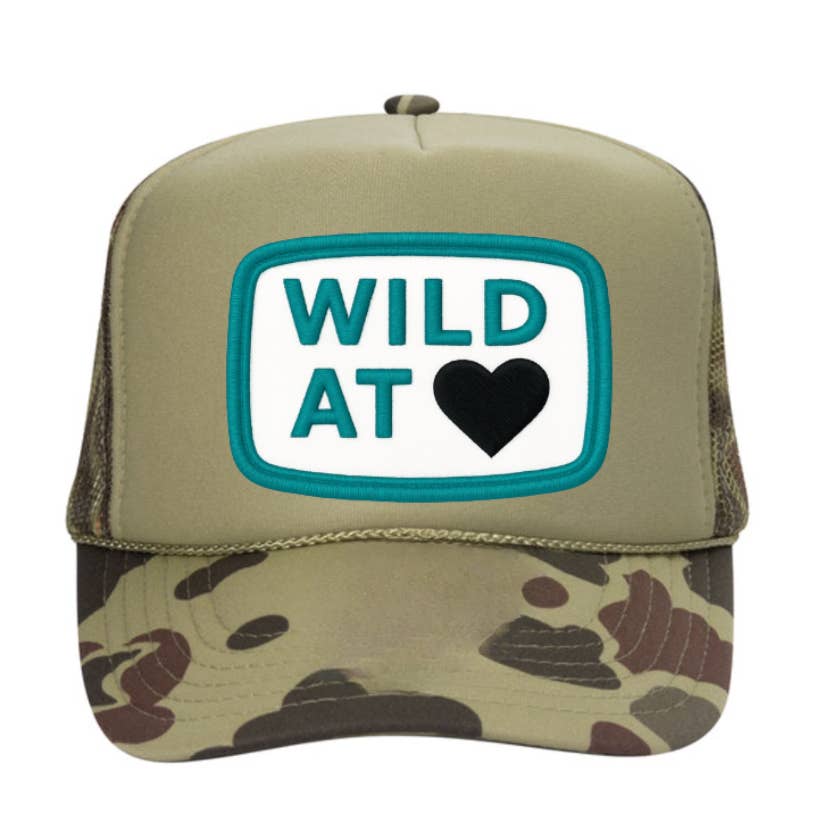 Wild at Heart khaki and camo trucker hat, front front view