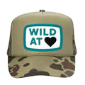 Wild at Heart khaki and camo trucker hat, front front view