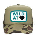 Wild at Heart khaki and camo trucker hat, front front view