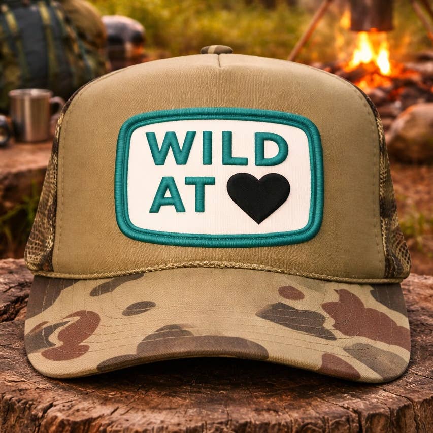 Wild at Heart khaki and camo trucker hat, styled front view
