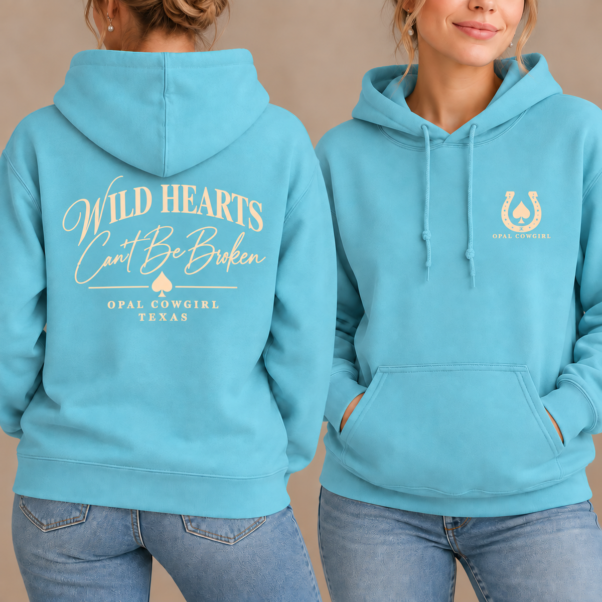 Wild Hearts aqua hoodie styled front-and-back preview with enlarged cream back graphic