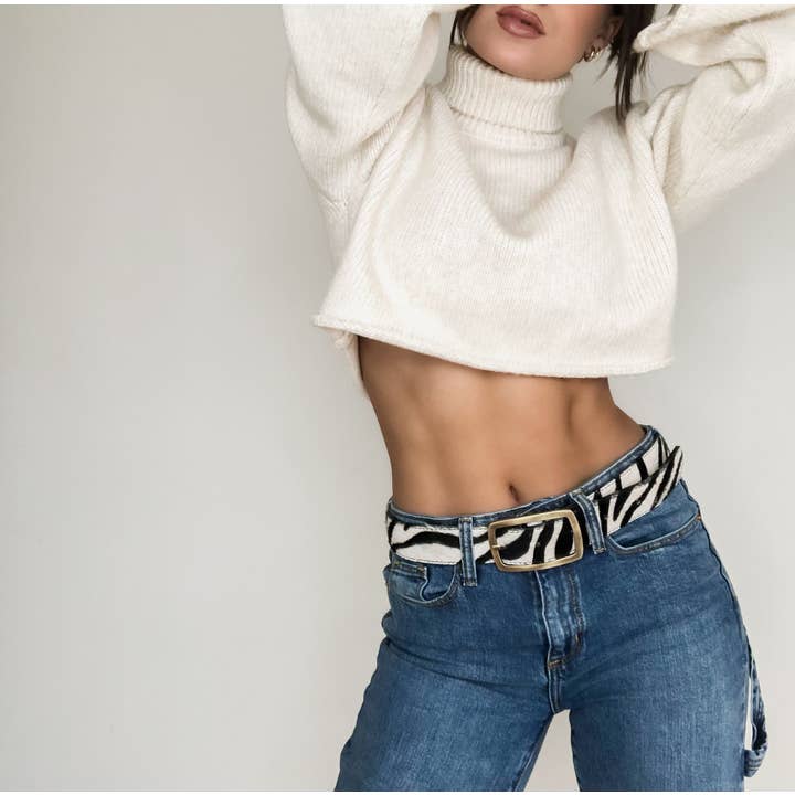 Charlie Leather Kallyn belt in Baby Zebra Fur, styled with jeans; listing is for belt only