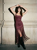 Wine vegan suede asymmetrical fringe dress, supplier front photo