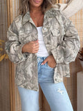 Woodland camo button-down jacket, styled front view