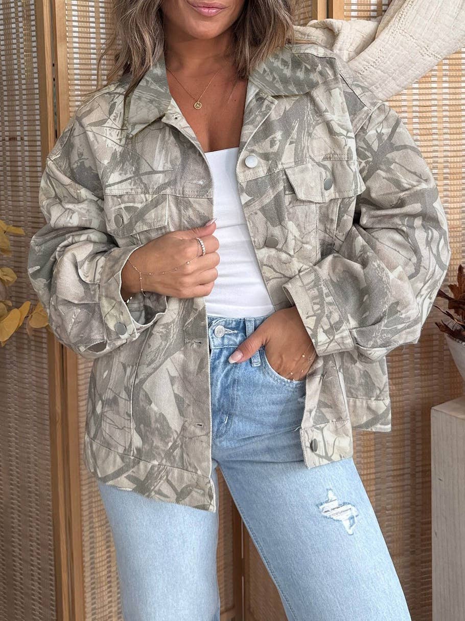 Woodland camo button-down jacket, styled front view